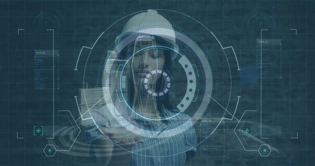 Female engineer wearing safety helmet interacting with digital holograms and augmented reality interfaces. Useful for illustrating concepts in smart engineering, digital transformation in construction, or depicting advanced technological innovations in industry settings.