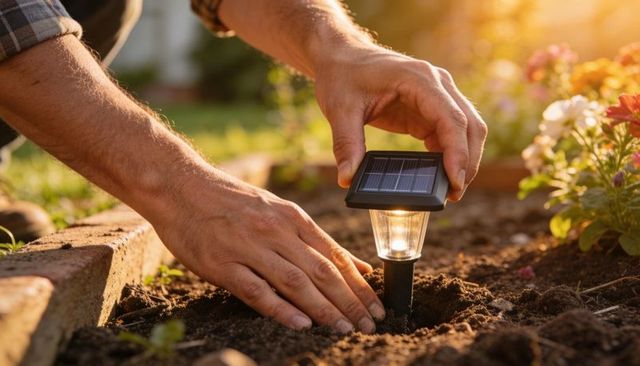 Installing solar garden stake light in flower bed during golden hour