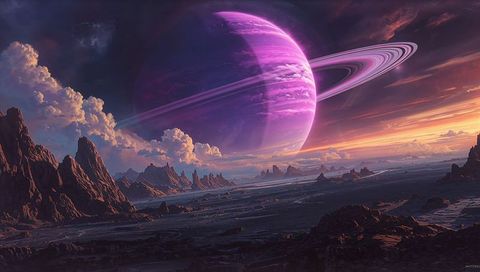 Purple Ringed Gas Giant Looming Over Jagged Alien Plains at Sunset, Dramatic Cosmic Panorama
