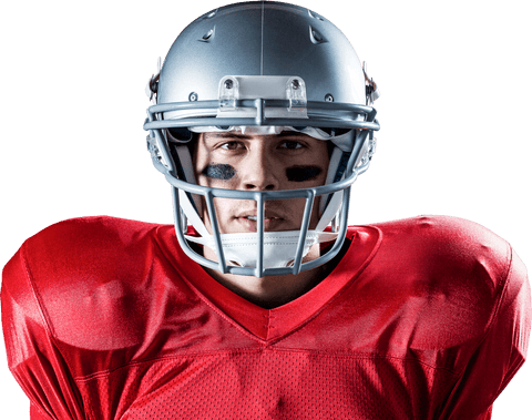 Fierce football player wearing helmet on transparent background