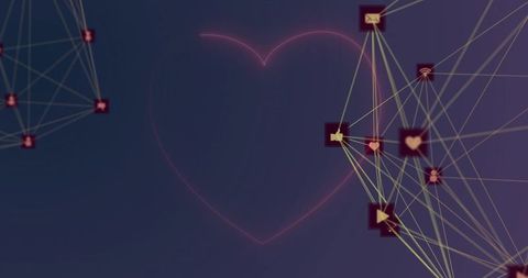 Neon heart network connecting social icons with data nodes and glowing purple lines
