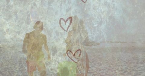 Couple walking barefoot along pastel beach with striped dress, green ball and heart doodles