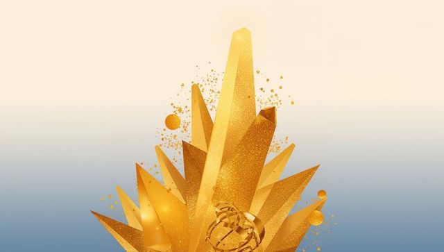 Golden crystal burst sculpture with faceted spikes, metallic glitter and gradient