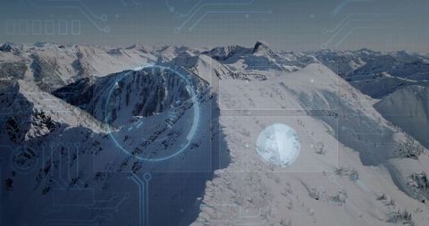 High-altitude drone surveying snow-covered mountain ridge with futuristic hud overlays