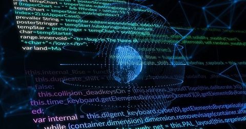 Rotating Dotted Globe Intersecting Wireframe Network with Neon Code Overlay Big Data