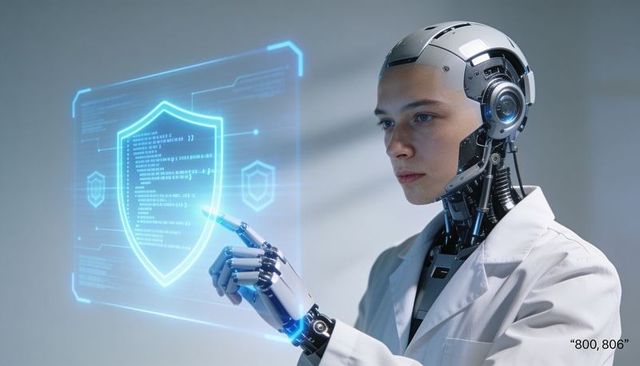 Futuristic cyborg scientist interacting with holographic cybersecurity shield and code