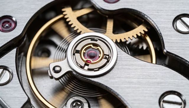 Macro close-up of mechanical watch balance wheel assembly with hairspring and cap jewel