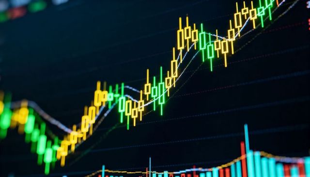 Rising candlestick chart with moving averages and volume bars on dark trading dashboard