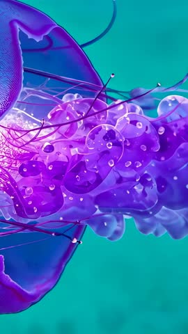 Vertical video glowing purple jellyfish pulsing and drifting with trailing tentacles