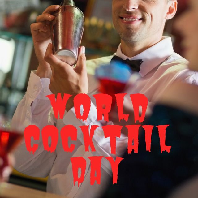 Ideal for promoting World Cocktail Day events, advertising bar specials, or illustrating articles on mixology. Captures festive atmosphere at bar with bartender skillfully mixing drinks, highlighting cocktail culture and celebration.
