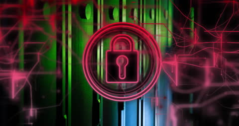 Digital Data Security: Neon Lock Symbol on Cyber Background