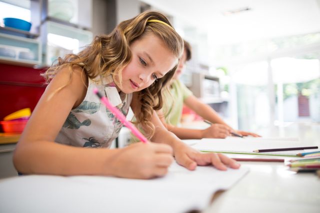 Young siblings are concentrating on their homework in a bright, modern kitchen. The girl is writing in a notebook with a pencil, while the boy is also engaged in his schoolwork. This image is perfect for educational content, family lifestyle blogs, and articles about home learning environments.