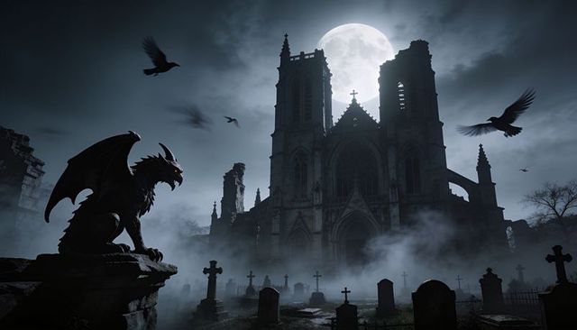 Moonlit gothic cathedral ruins looming over mist-shrouded cemetery with gargoyle
