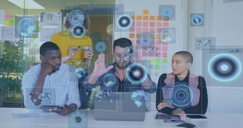 Cross-functional team collaborating with augmented reality interface for digital innovation