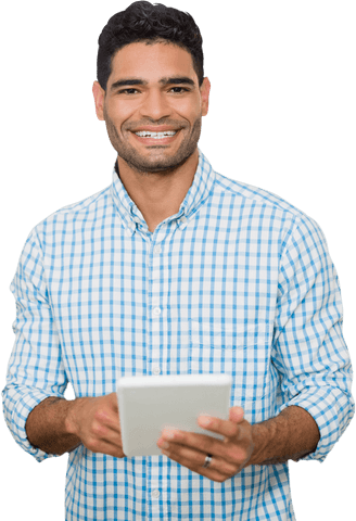 Transparent Smiling Man Holding Tablet in Plaid Shirt - Download Free Stock Videos Pikwizard.com