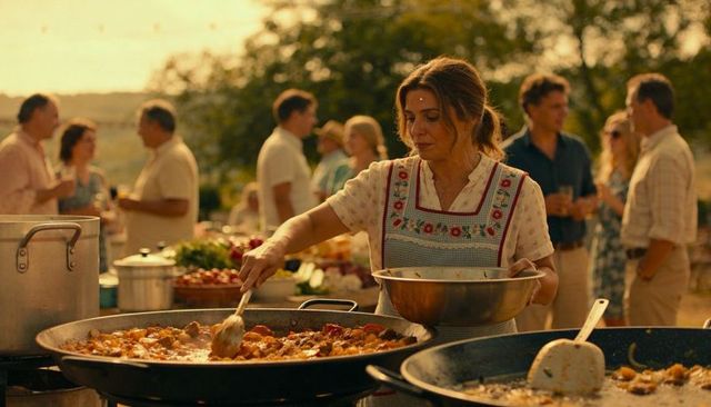 Middle-aged woman cooking paella at outdoor garden feast during golden hour celebration