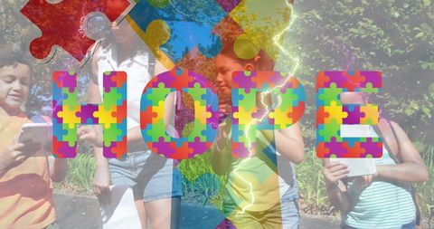 Colorful Puzzle and HOPE Text with Children Highlight Autism Awareness
