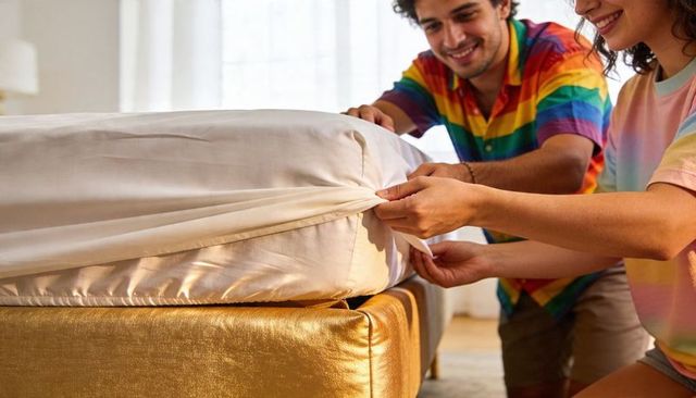 Couple tucking fitted sheet on mattress wearing rainbow shirts, sunlit cozy bedroom routine