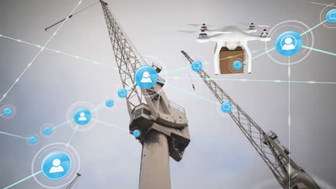 Digital Drone and Network Graphics Over Construction Cranes