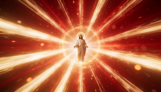 Floating jesus christ radiating golden light and halo amid celestial red radiant burst
