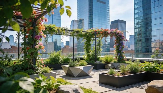 Flowering pergola draping pink-purple vines on urban rooftop with faceted planter
