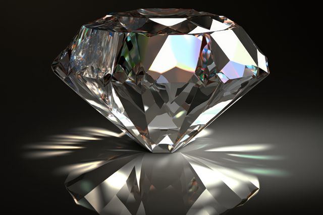 Shimmering diamond gemstone reflecting colorful prismatic light, showcasing its brilliance and elegance. Perfect for use in advertisements for luxury goods, jewelry design concepts, and visual metaphors for wealth or refinement.