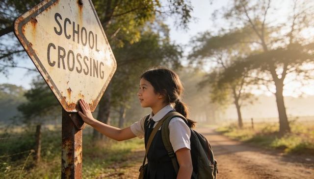 Schoolgirl touching rusted school crossing sign on sunlit rural dirt road