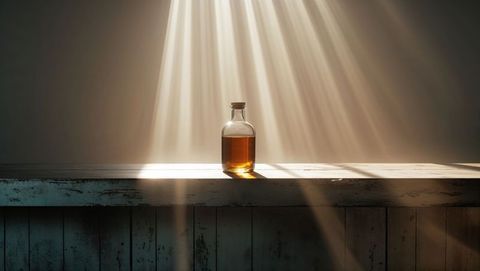 Sunlit bottle of corn syrup casting warm glow on rustic wooden shelf