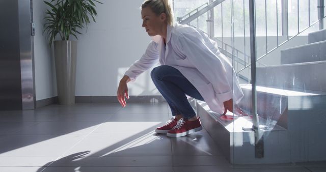 Woman in Lab Coat Squatting Near a Staircase in Modern Building - Download Free Stock Images Pikwizard.com