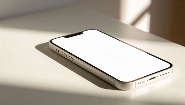 Modern smartphone with blank display and notch lying on white tabletop casting soft shadow
