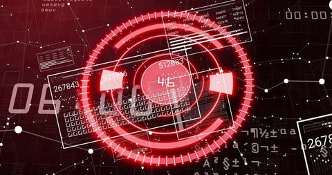 Red Futuristic HUD With Holographic Data Rings, Numeric Readouts, Cyber Analytics