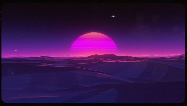 Vibrant Neon Desert with Futuristic Glitch Sun and Starry Sky