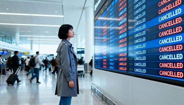 Asian woman checking cancelled flights on large departures board in busy airport terminal