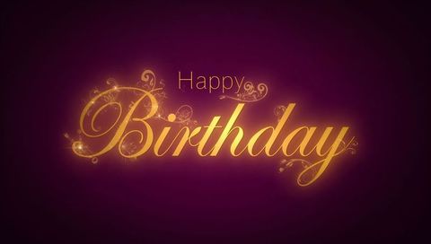 Golden Happy Birthday Script with Ornamental Flourishes and Glowing Purple-Maroon Background