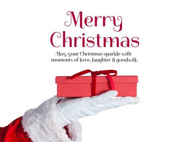 Santa Hand Holding Christmas Gift Box with Greeting Text - Download Free Stock Templates Pikwizard.com