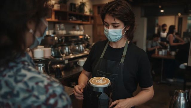 Masked barista serving latte with leaf latte art at busy cafe counter