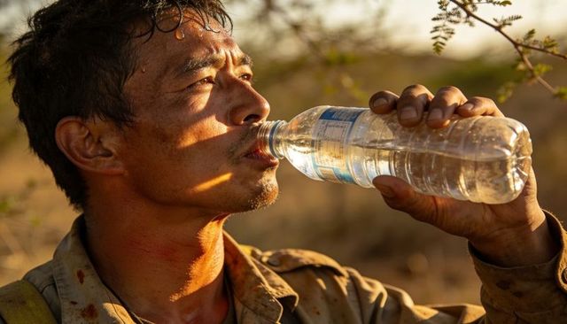 Sweaty field worker drinking water from bottle in arid scrubland at golden hour