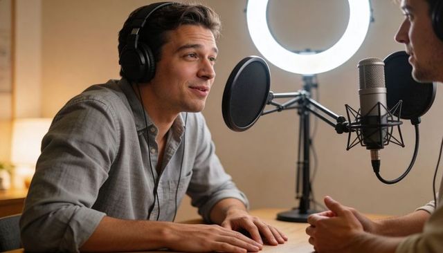 Two male podcasters conversing in home studio with headphones, condenser mic, ring light