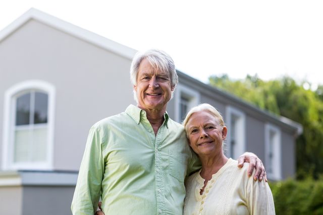 Senior couple standing in front of their house, smiling and looking content. Ideal for use in advertisements for retirement communities, real estate, family lifestyle, and senior living services.