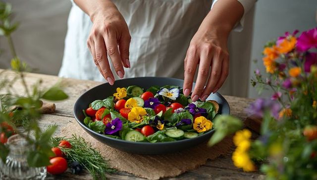 Hands Arranging Edible Pansies on Vibrant Rustic Salad in Dark Ceramic Bowl