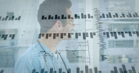 Doctor analyzing medical data visualization through glass wearing stethoscope and scrubs