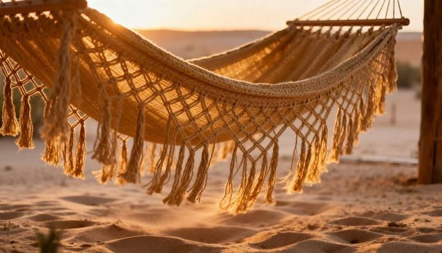 Sunlit macrame hammock swaying over rippled sand at golden hour, bohemian beach retreat