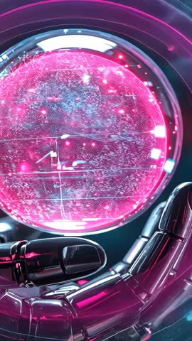 Vertical Tech Video: Robotic Hand Manipulating Pulsing Pink Holographic Data Sphere in Futuristic La