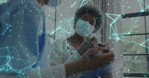 Nurse Administering Vaccine to Senior Woman with Digital Health Network Overlay