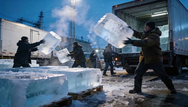 Workers passing heavy ice blocks from truck at dusk in cold industrial yard