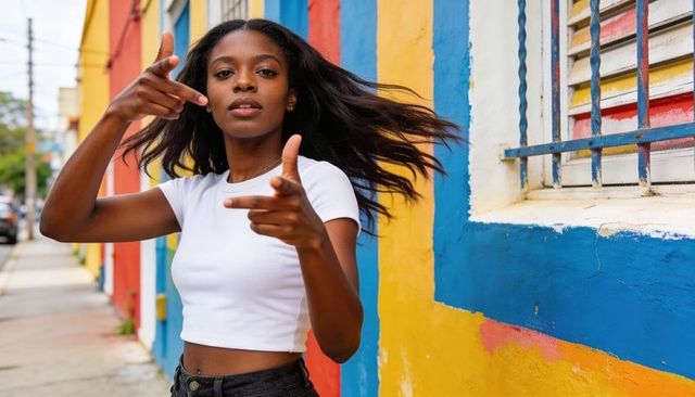 Confident young woman pointing and posing in vibrant urban colorblock street portrait