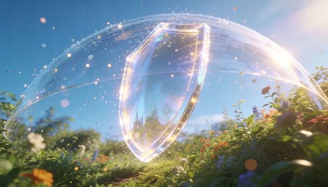 Shimmering shield floating inside iridescent bubble over sunlit wildflower meadow