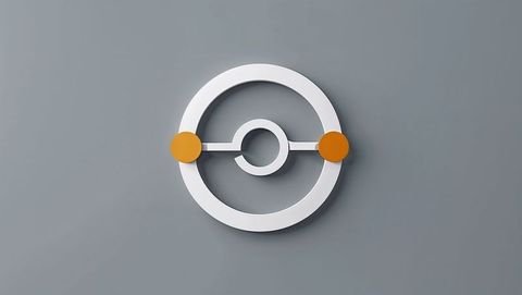 Minimalist white emblem with orange accents on gray