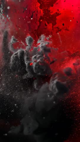 Red and Black Droplets Mixing into Gray Cloud, Showing Turbulent Vertical Fluid Dynamics