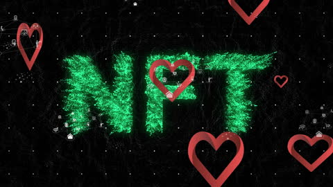 Green NFT Text with Overlaying Animated Hearts on Dark Background